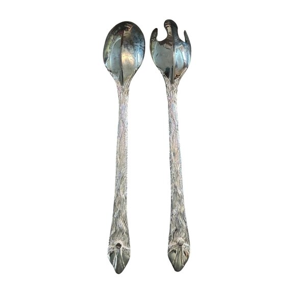Vintage Silver-Plated Salad Server Set With Intricate Face Design Handles - Picture 4 of 4